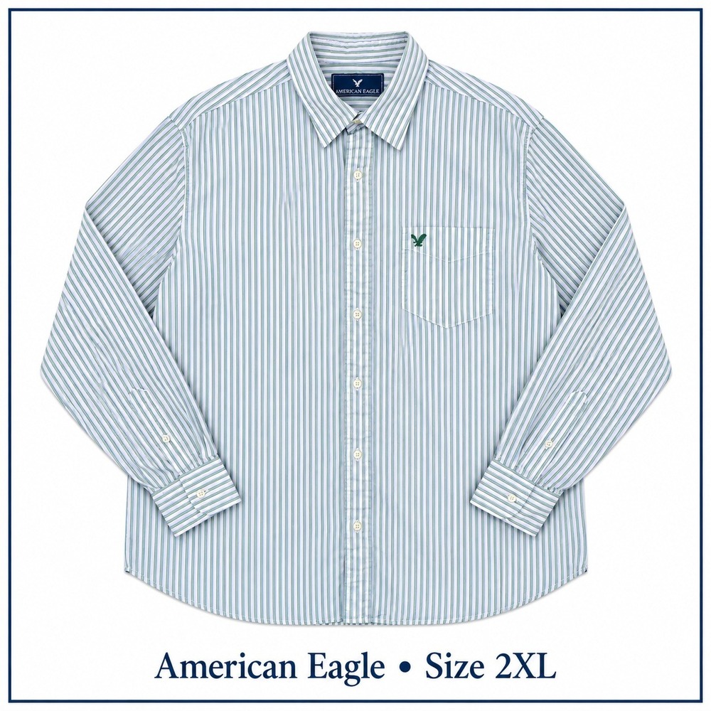 Vintage American Eagle Button Up Shirt Men 2X Blue Green Stripe Long Sleeve Y2K
